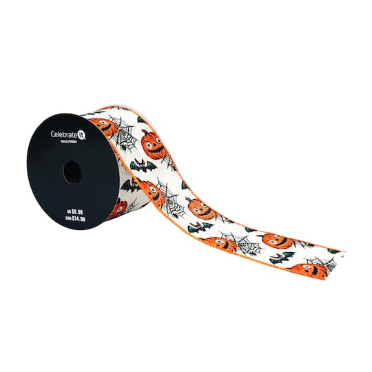 2.5" x 6.6yd. Jack-o'-Lanterns & Bats Wired Pongee Ribbon by Celebrate It®